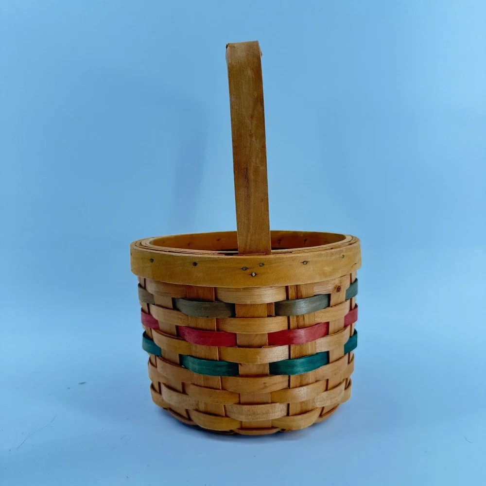 Vintage Woven Wood‎ Basket Small Tan Green Red Farmhouse Decor Handle Easter